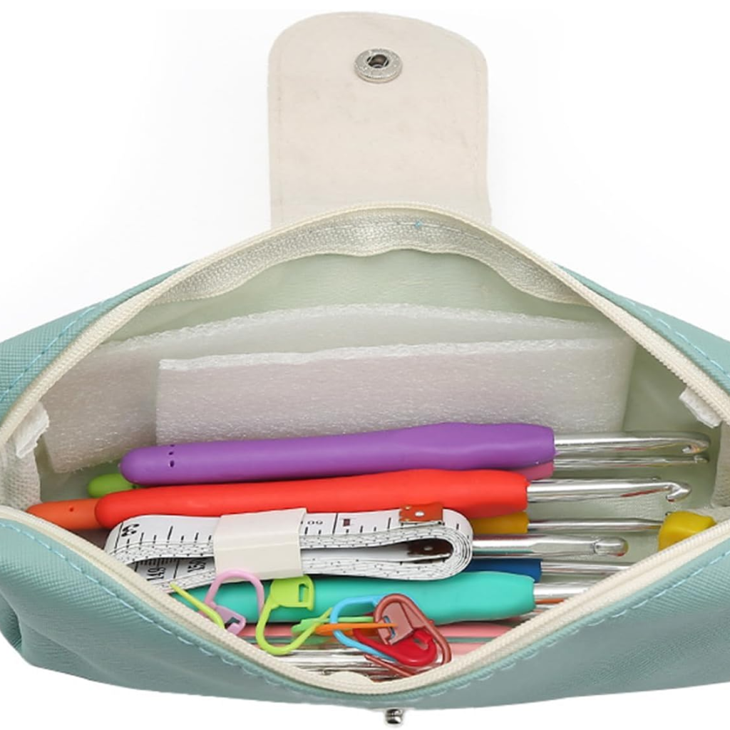 The Crochet Hook Set 31 Pcs with Bag is beginner-friendly and includes crochet hooks, a tape measure, stitch markers, and more—all in a compact zippered pouch for your crafting needs.