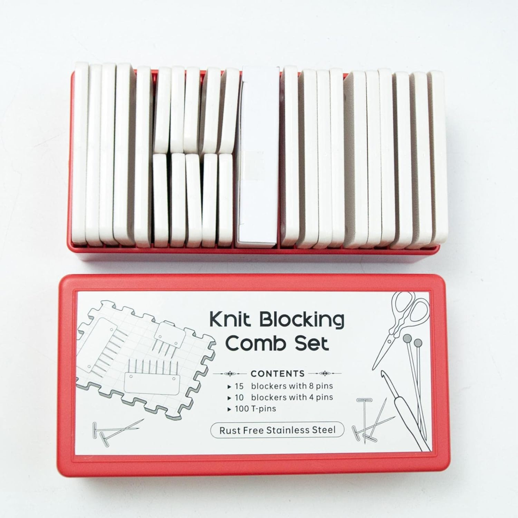 A red box labeled "Knit Blocking Comb Set" contains white combs neatly arranged in rows, perfect for knitting or crochet projects. The label lists contents and shows illustrations of pins and scissors.
