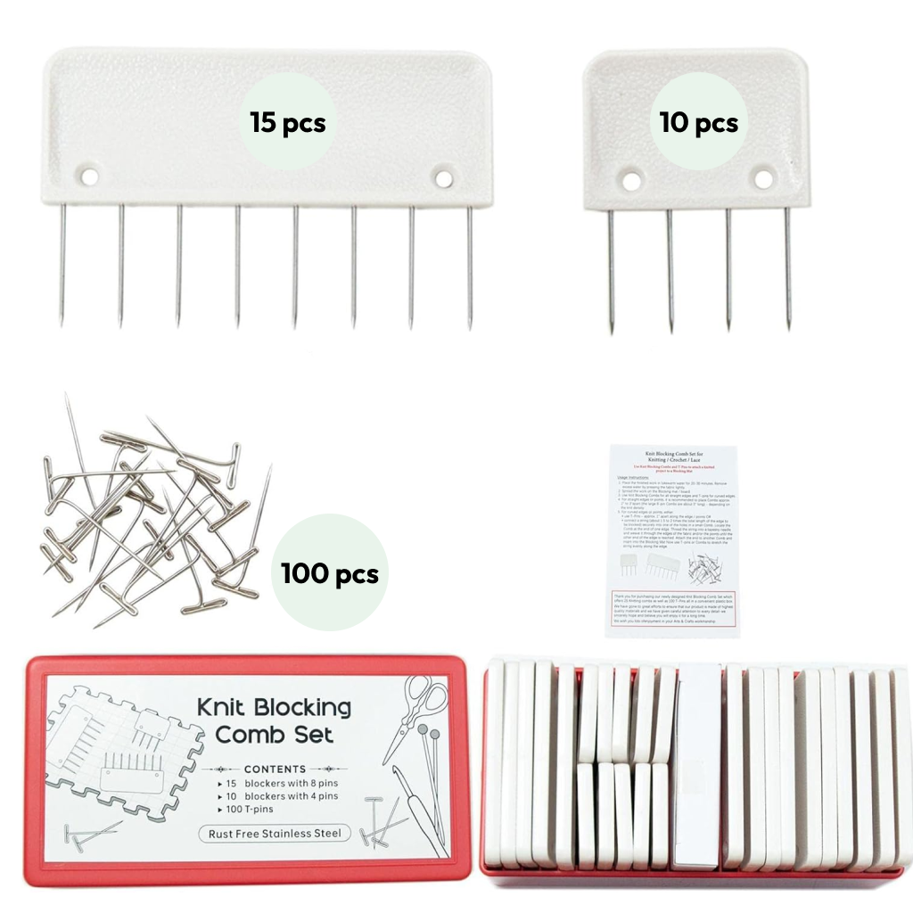 The Knit Blocking Comb Set includes 15-pin and 10-pin combs, 100 T-pins, and a red storage box. Durable construction ensures long-lasting use—perfect for precision blocking in knitting and crochet projects.