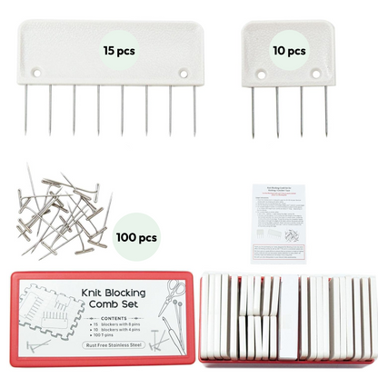 The Knit Blocking Comb Set includes 15-pin and 10-pin combs, 100 T-pins, and a red storage box. Durable construction ensures long-lasting use—perfect for precision blocking in knitting and crochet projects.