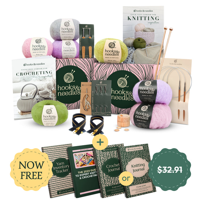 The Hooks&Needles Subscription Box, featuring knitting and crocheting supplies like yarn balls, needles, hooks, magazines, and journals, is offered at $32.91 with a free item included.