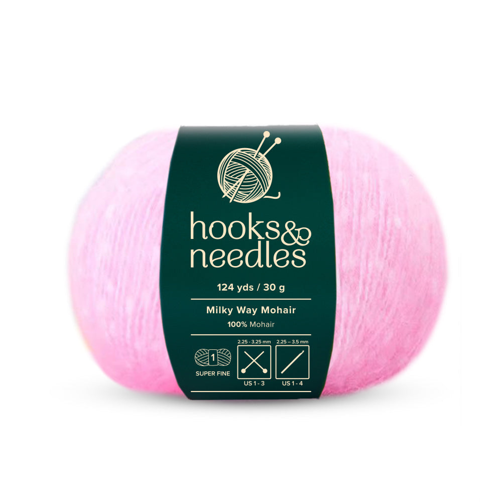 Super fine-weight Milky Way Mohair Yarn 30g in pink from Hooks & Needles, featuring 124 yards of 100% mohair.