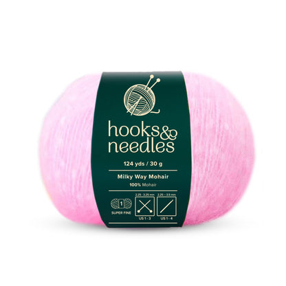 Super fine-weight Milky Way Mohair Yarn 30g in pink from Hooks & Needles, featuring 124 yards of 100% mohair.