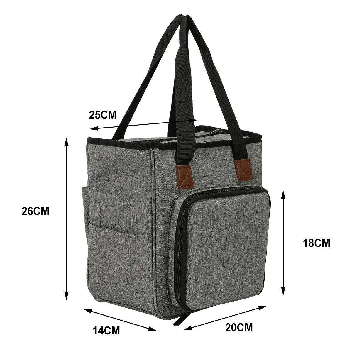 The Yarn Organizer Tote, in a gray finish with black handles, includes a front pocket and side pockets. It serves as an excellent craft organizer for knitting or crocheting enthusiasts. It measures 26 cm in height, 25 cm in width, and 14 cm in depth, with the front pocket measuring 20 cm wide by 18 cm high.