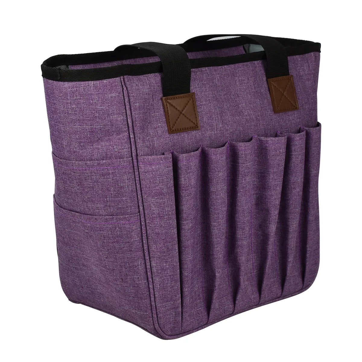 Purple Yarn Organizer Tote, perfect as a Craft Organizer, with multiple exterior pockets and black handles.
