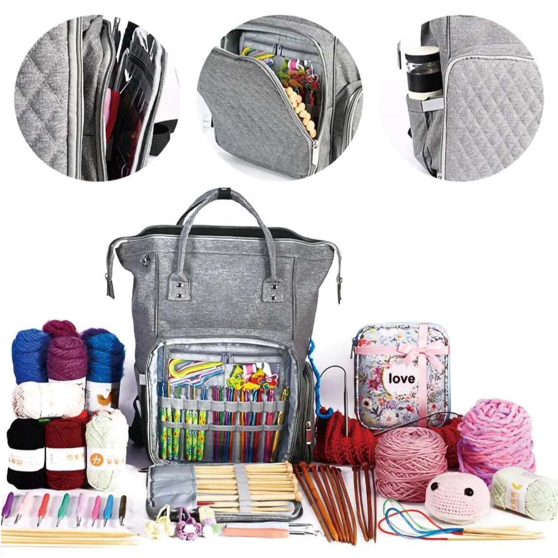 The Oxford Serenity Luxe Bag (bundle), made from sturdy 600D Oxford fabric, is a gray craft bag with multiple compartments ideal for organizing knitting and crocheting tools. It stylishly accommodates yarn, needles, hooks, and includes a floral box labeled "love," making it an excellent choice for any crafting enthusiast.