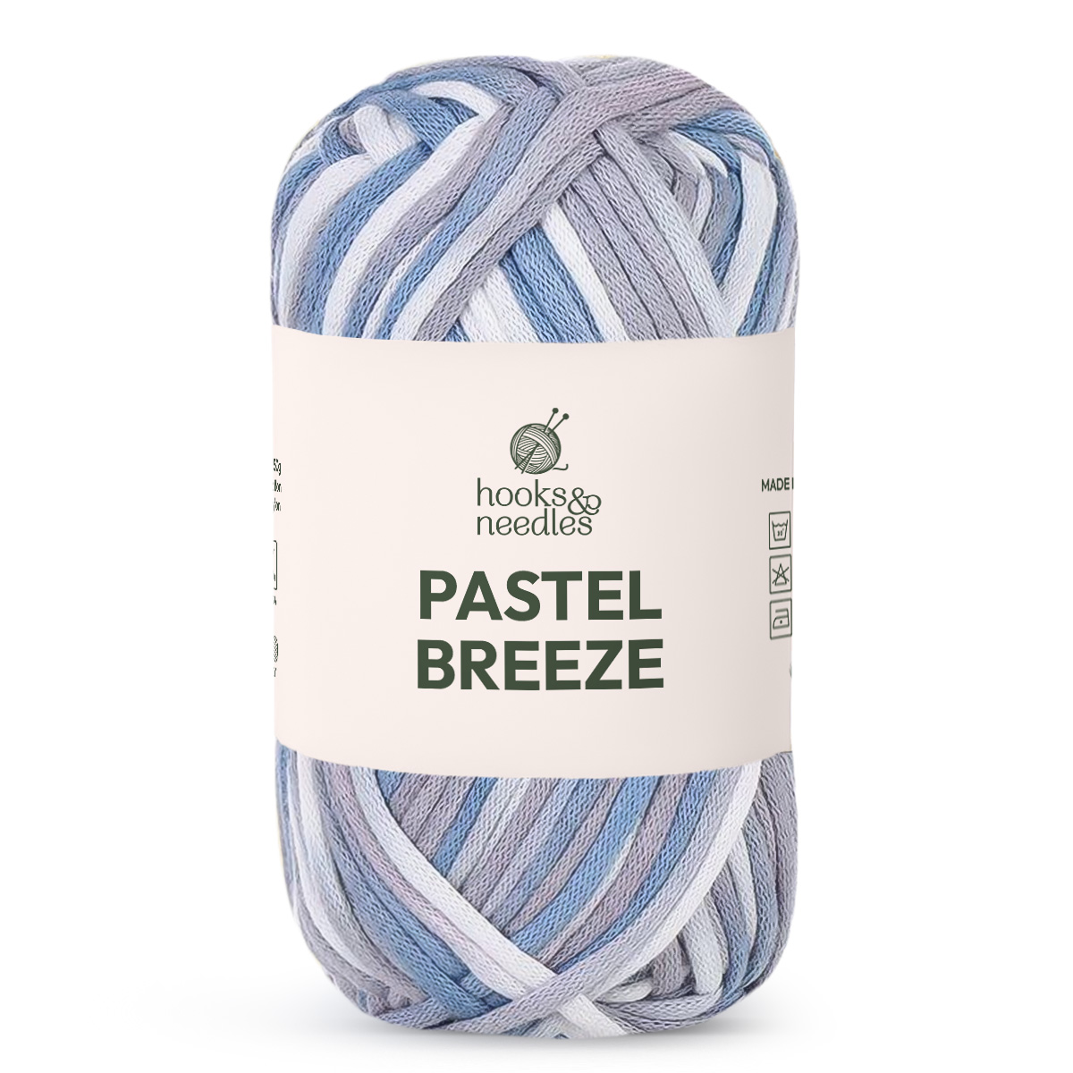 A skein of "Pastel Breeze Variegated Yarn" in blue, grey, and white pastels, featuring care symbols on the packaging.