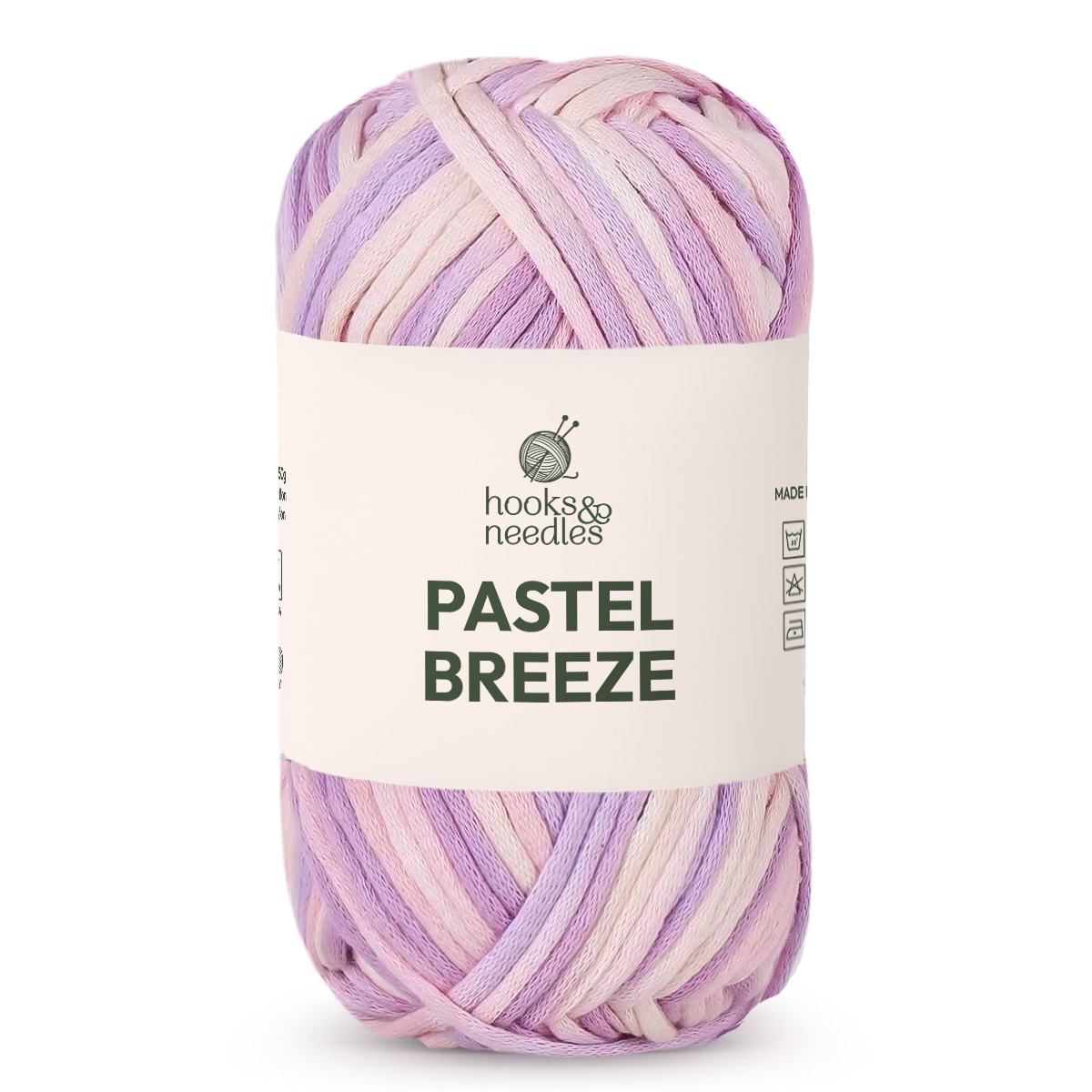 A skein of Pastel Breeze Variegated Yarn featuring soft shades of purple, pink, and cream.