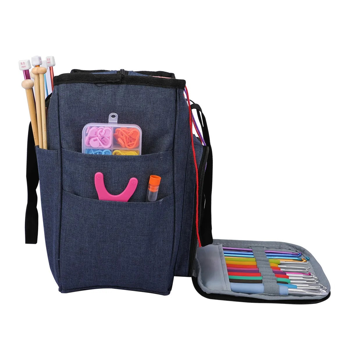 Yarn Organizer Tote with brushes, a pouch of colored pencils, and knitting essentials.