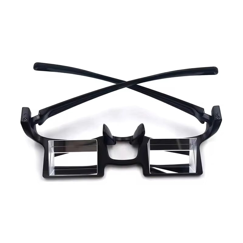 Ergonomically designed for knitting and crocheting while lying down, the Dual Vision Prism Lazy Glasses feature angled lenses and crossed arms.