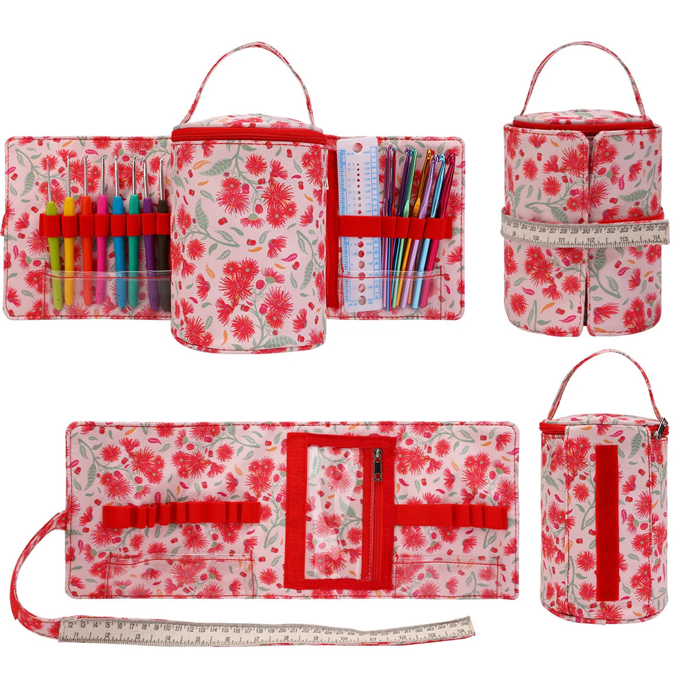 Introducing the compact red floral knitting bag and yarn storage organizer, featuring multiple compartments for tools and accessories. It