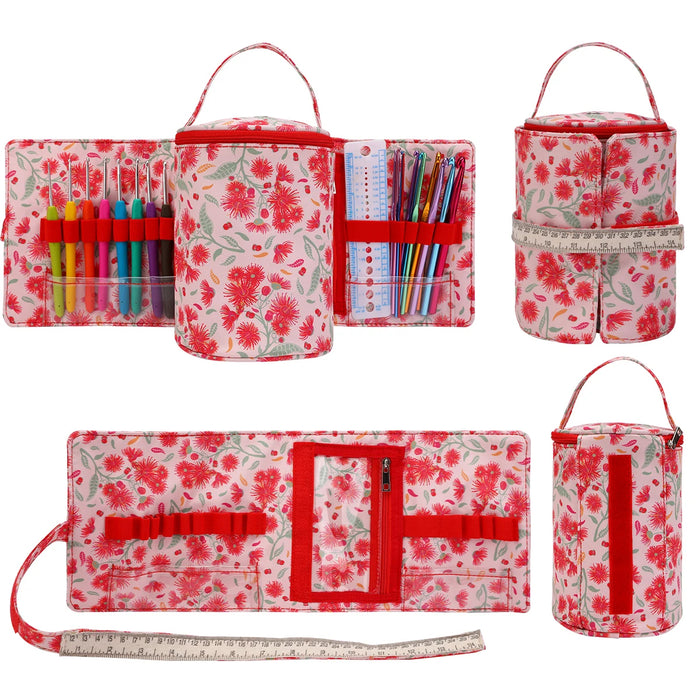 Floral-patterned, Compact Knitting Bag: Yarn Storage Organizer with red flowers, featuring compartments for pens, pencils, and other stationery—even versatile enough to double as a yarn storage organizer for crochet hooks—shown in various stages of opening and arrangement.
