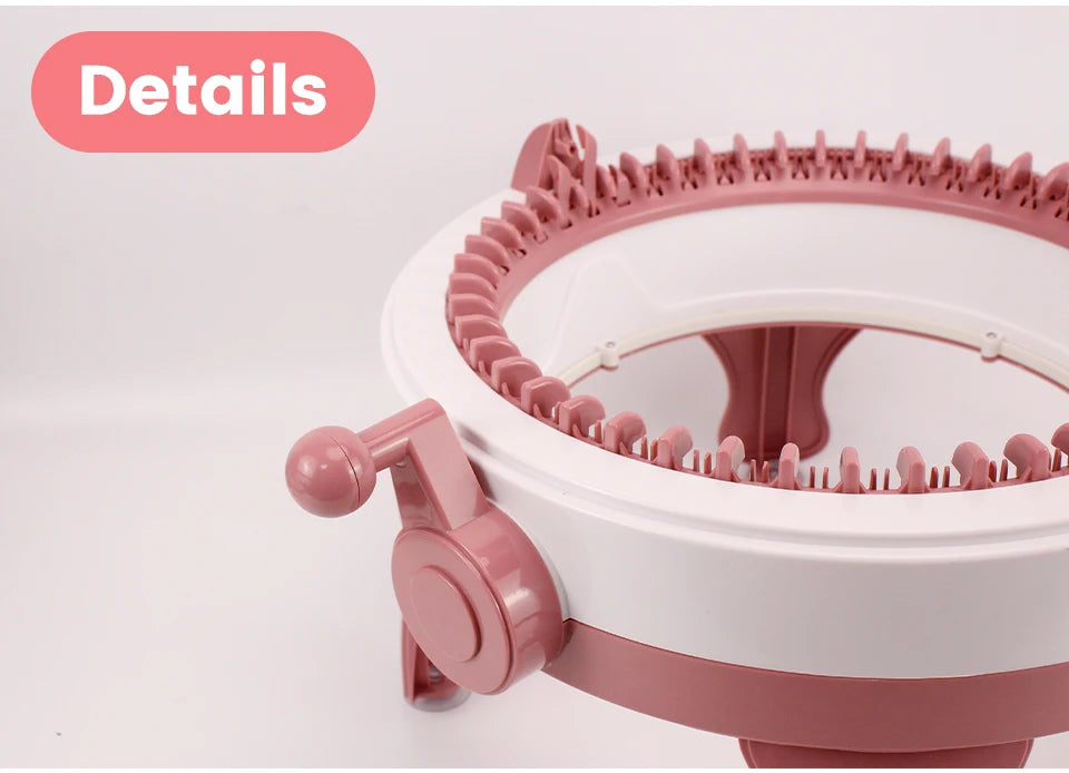 The 40 Needles Knitting Machine Kit, in shades of pink and white, is showcased in close-up with its handy handle. Ideal for DIY crafts enthusiasts, it provides precision and convenience for creating your next masterpiece.