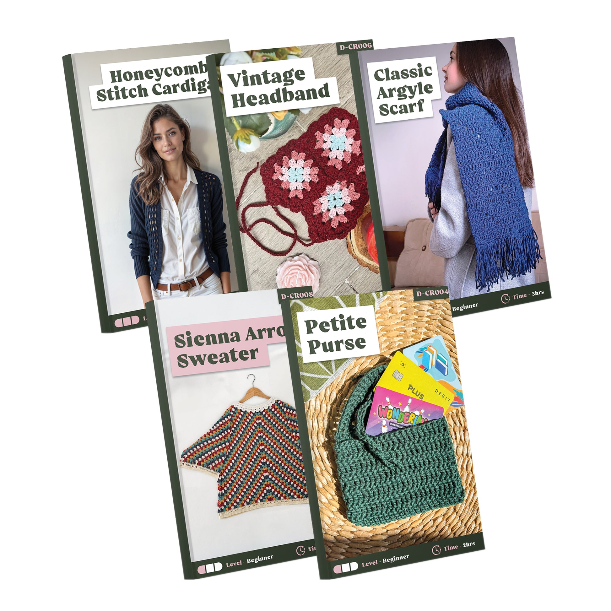 On a white background, five of the "10 Chic Crochet Patterns" booklets featuring a cardigan, headband, scarf, sweater, and purse are displayed. Each booklet illustrates the item alongside its difficulty level.