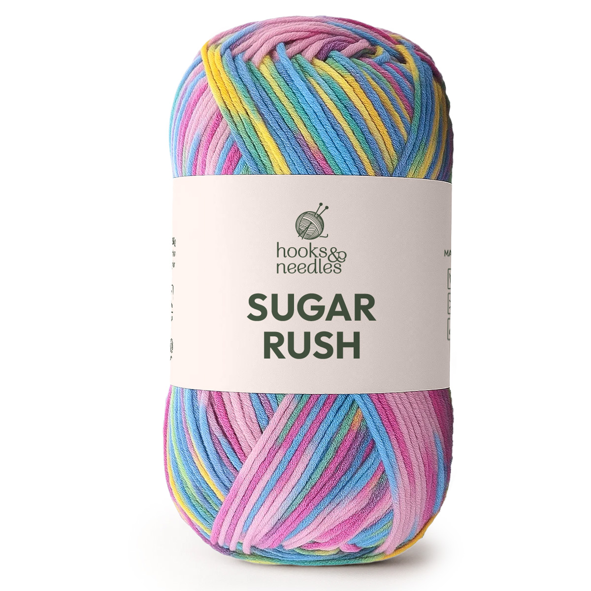 A skein of Sugar Rush Variegated Yarn in pastel blue, pink, yellow, and purple shades, made from a soft cotton-acrylic blend.