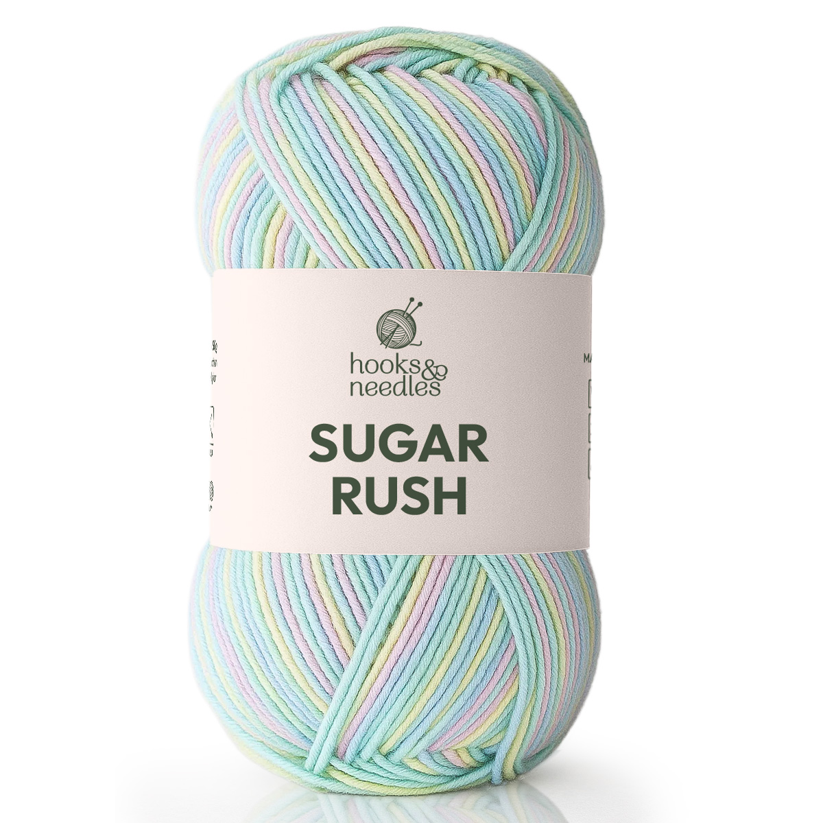A skein of Sugar Rush Variegated Yarn features a soft cotton-acrylic blend in delicate pastel blues, greens, pinks, and yellows.