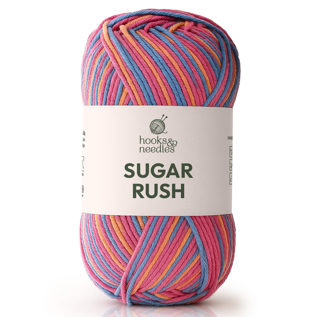 Sugar Rush Variegated Yarn features pink, orange, yellow, and blue shades in a super-fine, soft cotton-acrylic blend—perfect for vibrant and versatile projects.