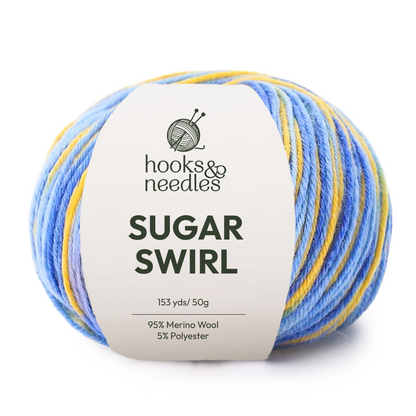 Sugar Swirl Variegated Yarn: super-fine, 153 yds/50g, 95% Merino wool/5% polyester, blue-yellow-white strands.