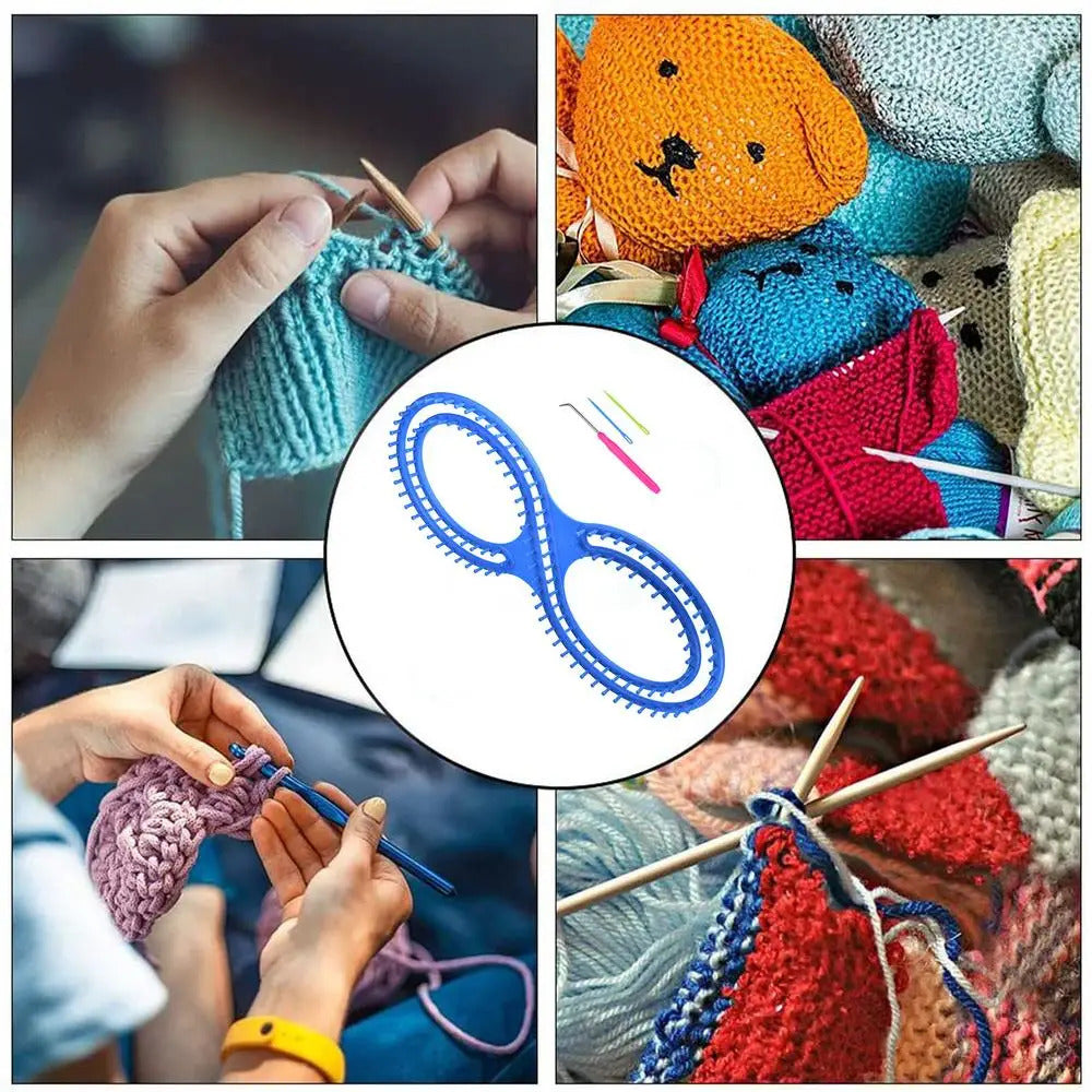 A vibrant collage of knitting and crochet activities features yarn and needles, with cozy blankets and scarves in progress, all centered around a prominent image of the Serenity Knitting Loom Board.