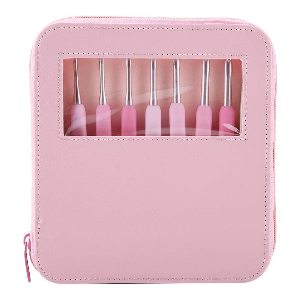 The Ergonomic Crochet Hook Set 9 Pcs with Case includes a pink zippered case with a transparent window, showcasing durable, lightweight crochet hooks with ergonomic handles for comfortable use.
