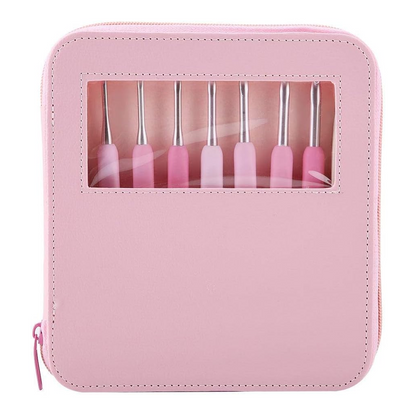 The Ergonomic Crochet Hook Set 9 Pcs with Case includes a pink zippered case with a transparent window, showcasing durable, lightweight crochet hooks with ergonomic handles for comfortable use.