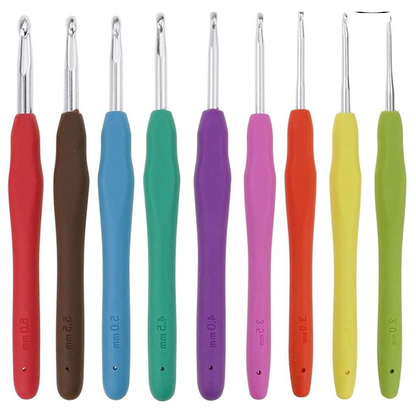 The Ergonomic Crochet Hook Set 9 Pcs features durable aluminum hooks with colorful ergonomic grips in assorted sizes, neatly arranged in a row against a white background.