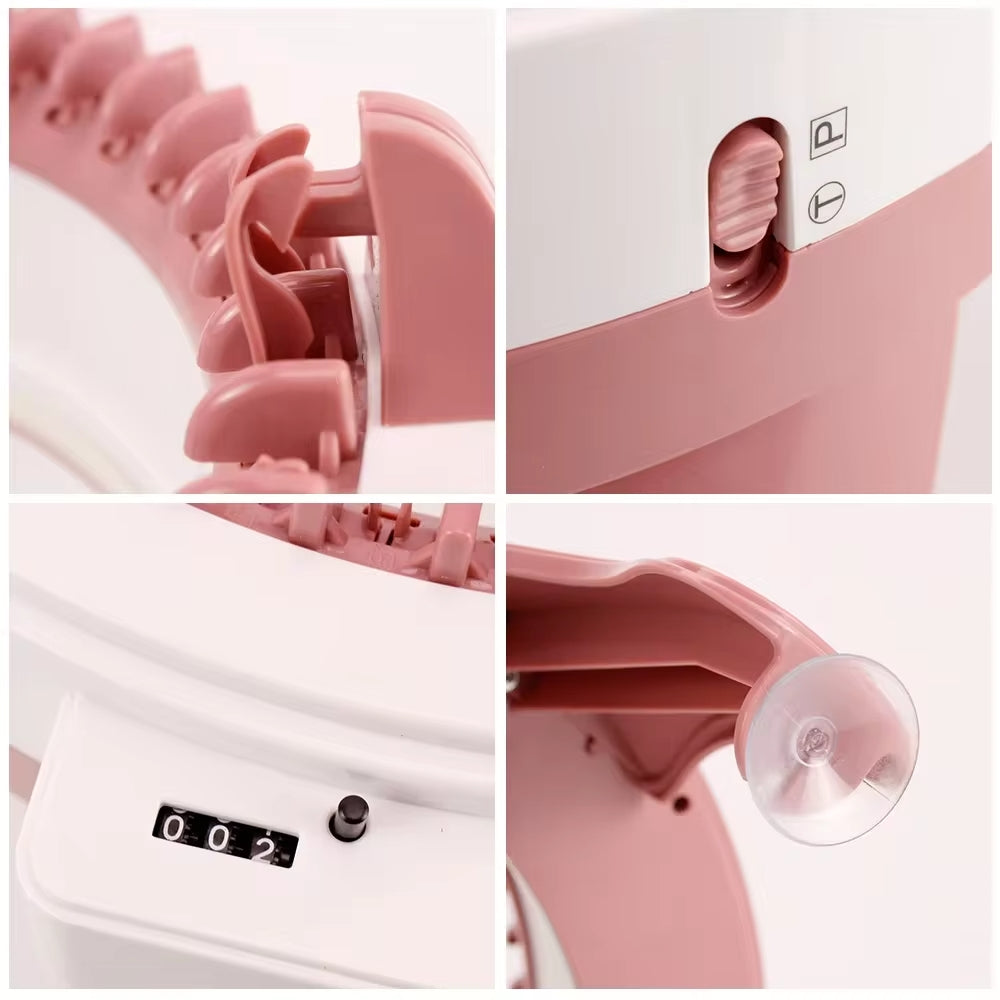 Collage of close-up views of the 48 Needles Knitting Machine Kit with Row Counter (Bundle48), highlighting its gears, a lever, and a needle counter display with a suction cup.