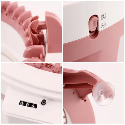 Collage of close-up views of the 48 Needles Knitting Machine Kit with Row Counter (Bundle48), highlighting its gears, a lever, and a needle counter display with a suction cup.