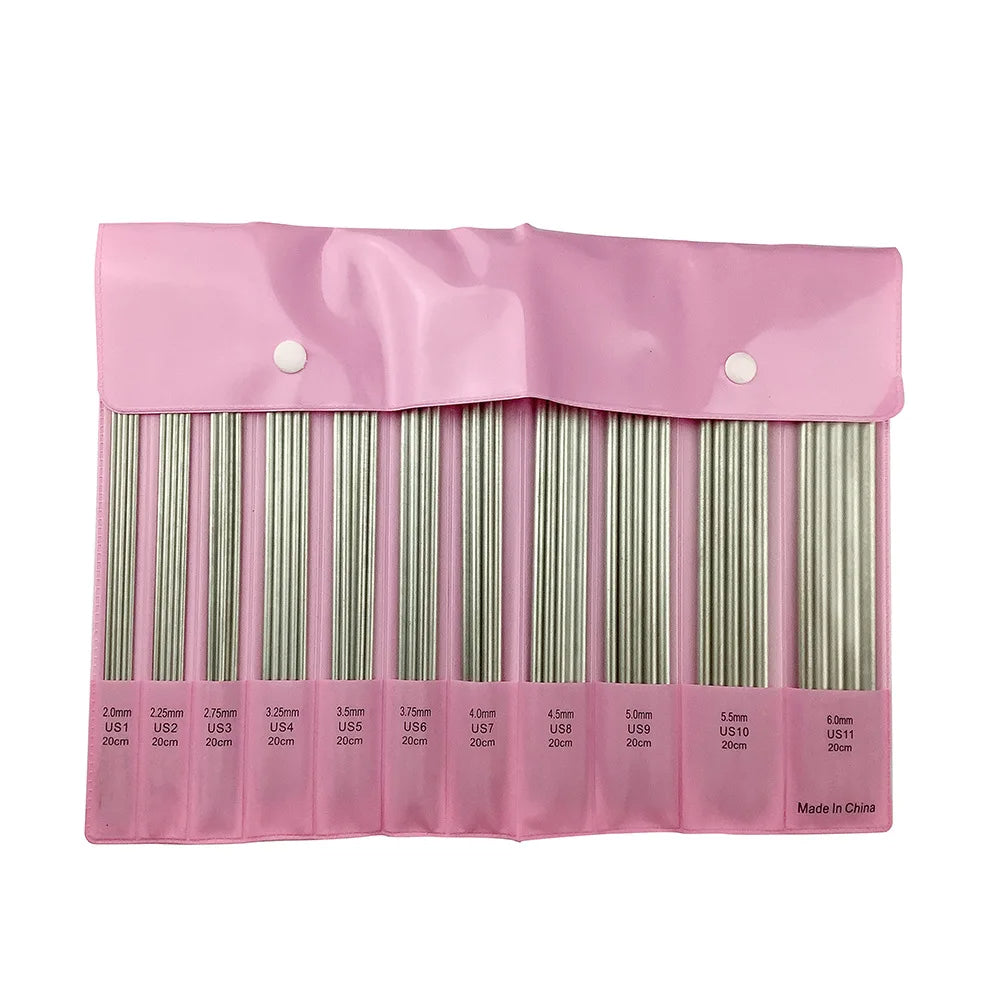The 55 Pcs Double Pointed Knitting Needle Set features ten pairs of durable aluminum needles in a pink foldable case with button closures. Each double pointed knitting needle pair is size-marked, ranging from 2.0 mm to 6.5 mm.