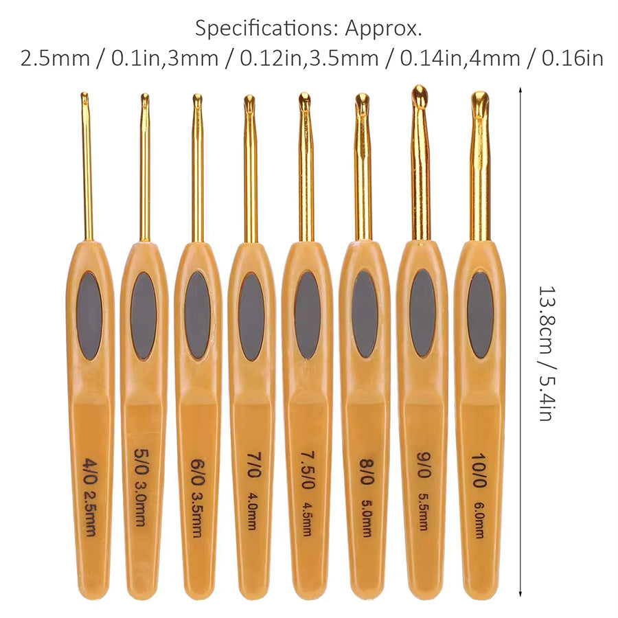 Crochet Hook Set 8 Pcs with ergonomic handles, each labeled with size measurements from 2.5mm to 6mm.