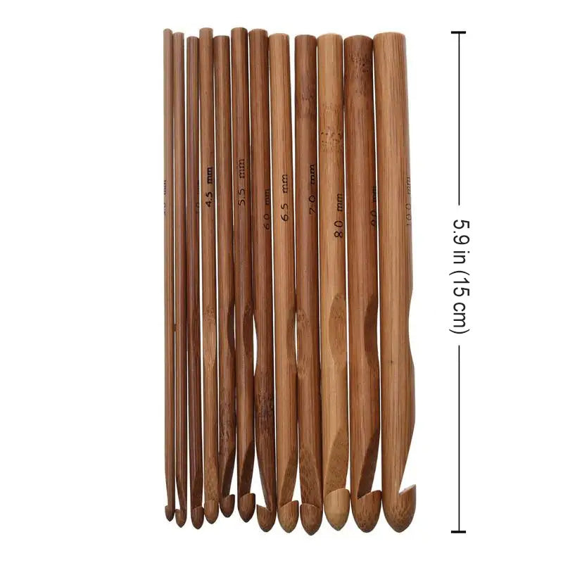 A set of Bamboo Crochet Hooks 12 Pcs, arranged by size from 4.0 mm to 10.0 mm, each measuring 5.9 inches (15 cm) in length, perfect for sustainable crafting and eco-friendly projects.