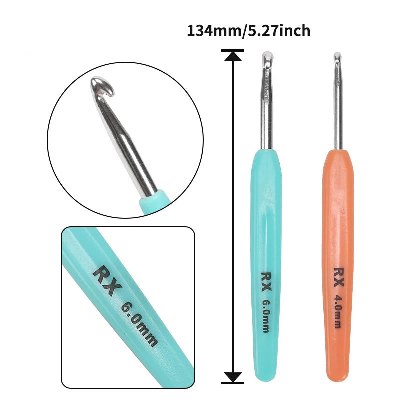 Two ergonomic crochet hooks with handles designed for arthritic hands. One is turquoise labeled "RX 6.0mm" and the other is orange labeled "RX 4.0mm," each measuring 134mm (5.27 inches) in length, perfect for your Ergonomic Crochet Hook Set 16 Pcs with Case.