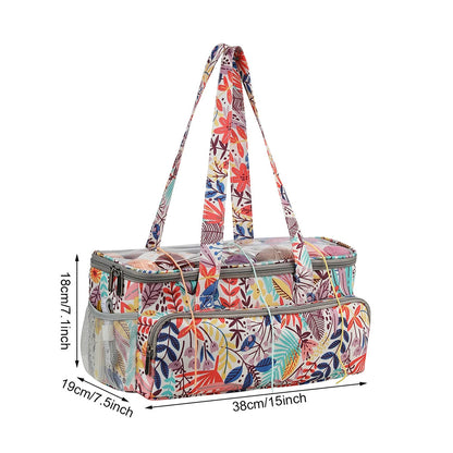 A Knitting Bag: Yarn Organizer, measuring 15 inches long, 7.5 inches wide, and 7.1 inches high, with handles and zippered compartments, perfect for yarn storage and crafting organizers.