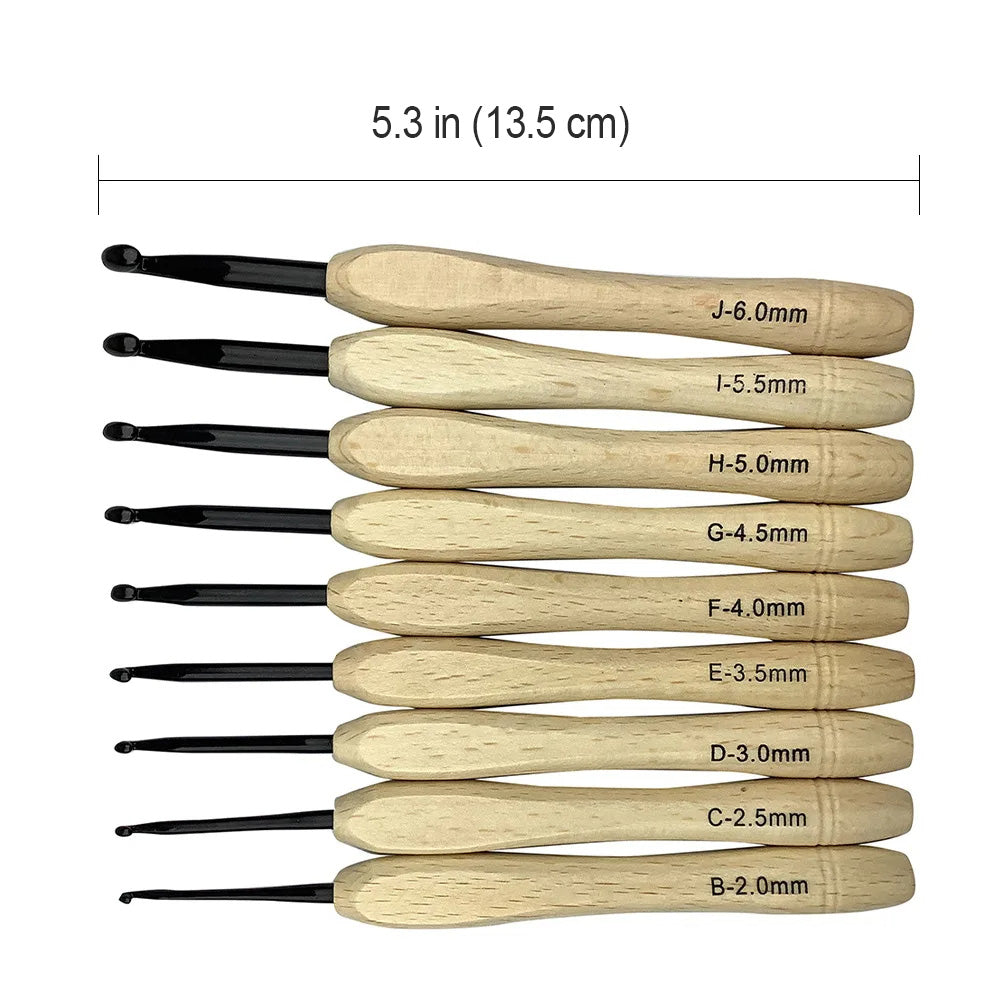 Introducing the Wooden Handle Crochet Hooks 9 Pcs, expertly crafted with ergonomic grips and labeled sizes from 6.0mm down to 2.0mm, each hook measuring a total length of 5.3 inches (13.5 cm).