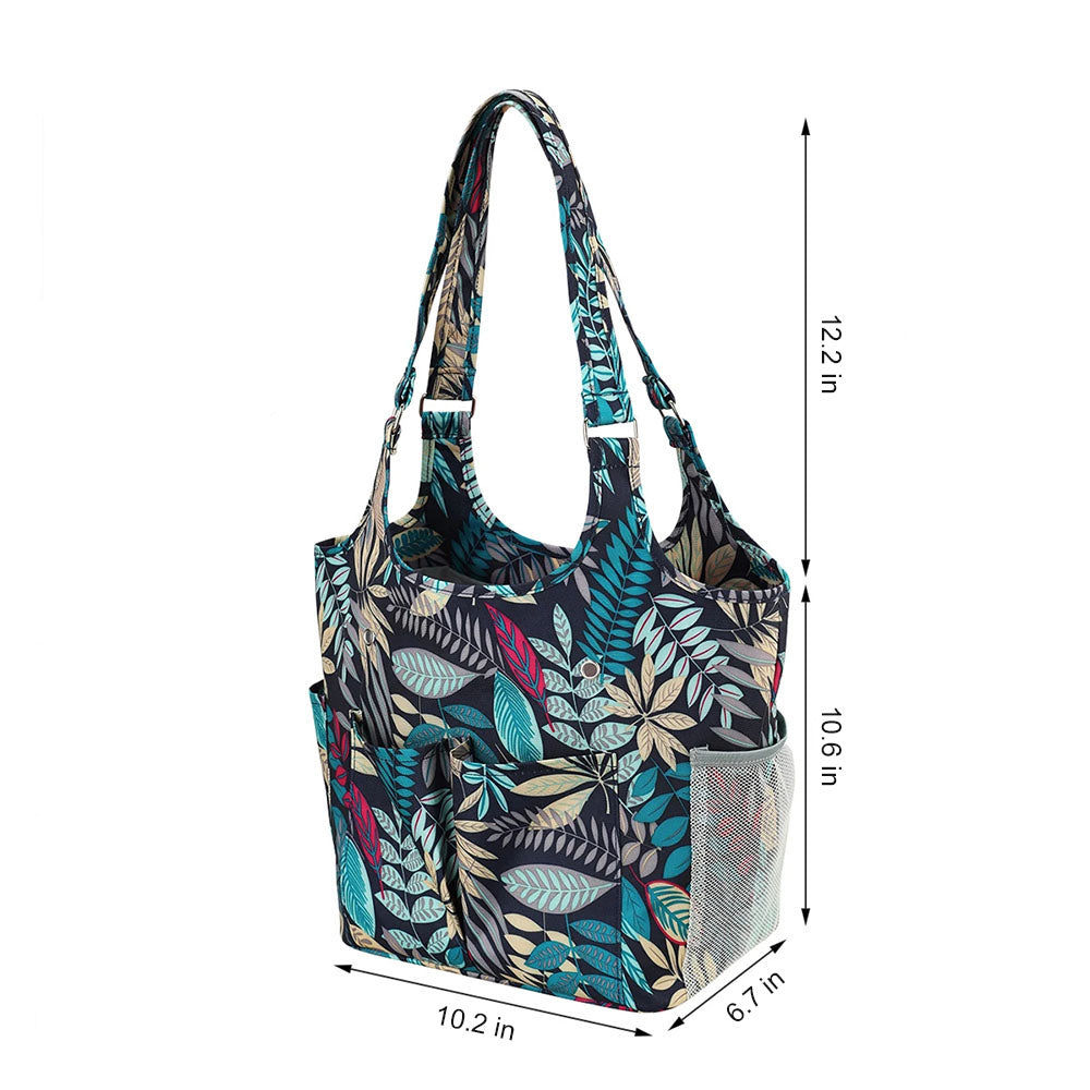 A Yarn Tote Bag: Knit on The Go with multiple compartments. It features dimensions of 12.2 inches in height, 10.2 inches in width, and 6.7 inches in depth with a side pocket height of 10.6 inches, perfect for knitting essentials.