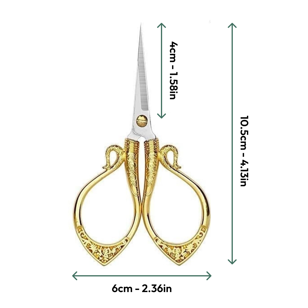 Decorative Vintage Embroidery Scissors with ornate gold handles feature pointed blades for precision. Measurements: blade length 4cm, total length 10.5cm, width 6cm—an ideal vintage addition to your crafting collection.