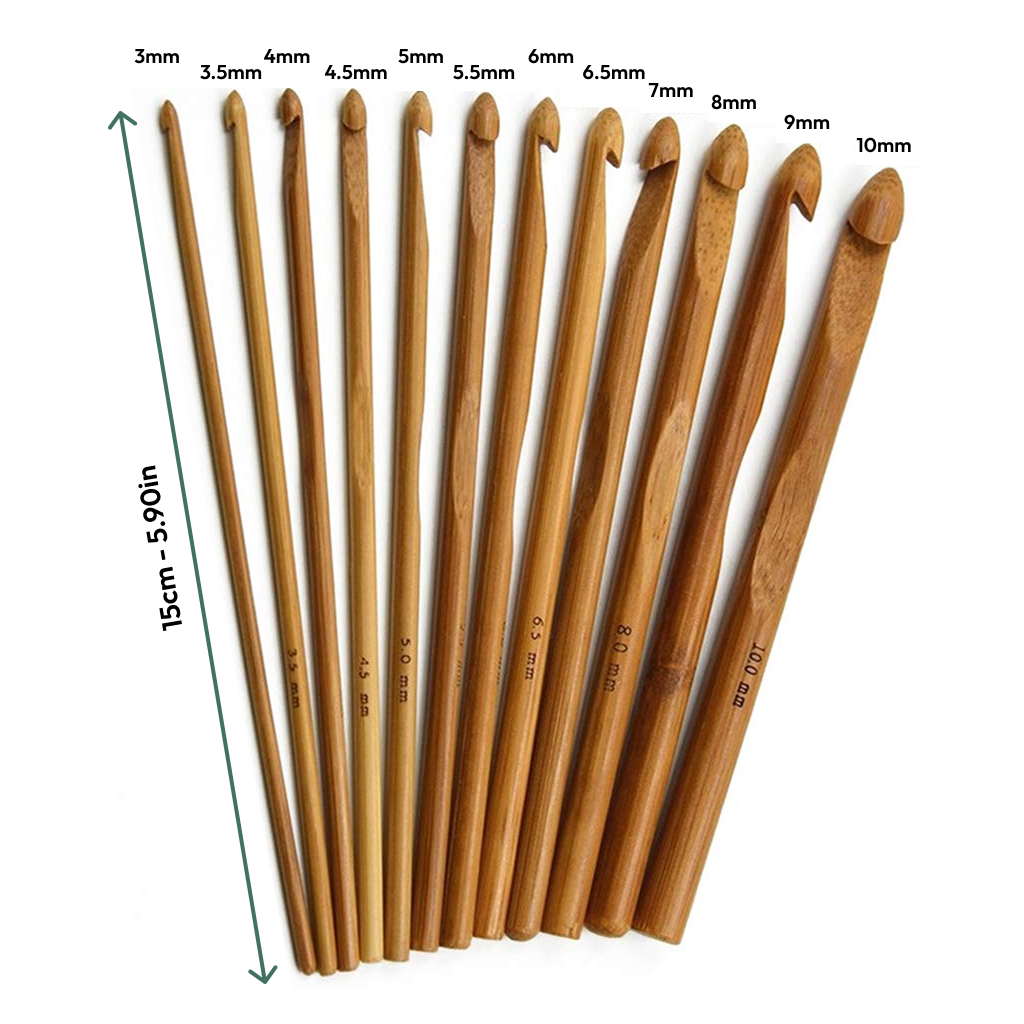 The Bamboo Crochet Hooks 12 Pcs set features eco-friendly, ergonomic hooks (sizes 3mm–10mm), each about 15cm (5.9in) long with clear size labels for easy selection.