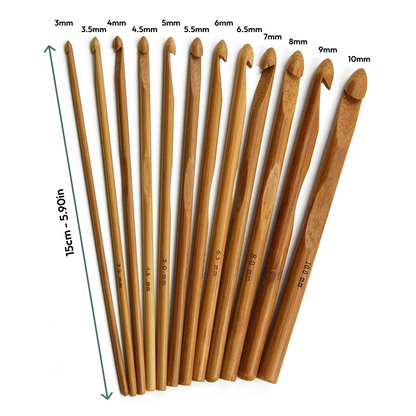 The Bamboo Crochet Hooks 12 Pcs set features eco-friendly, ergonomic hooks (sizes 3mm–10mm), each about 15cm (5.9in) long with clear size labels for easy selection.