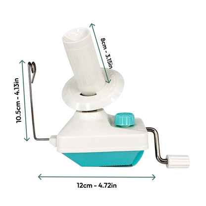 The Yarn Ball Winder in teal and white saves time with its 10.5 cm height, 12 cm width, and 8 cm handle. It features a crank handle and metal yarn guide to create uniform yarn balls efficiently every use.