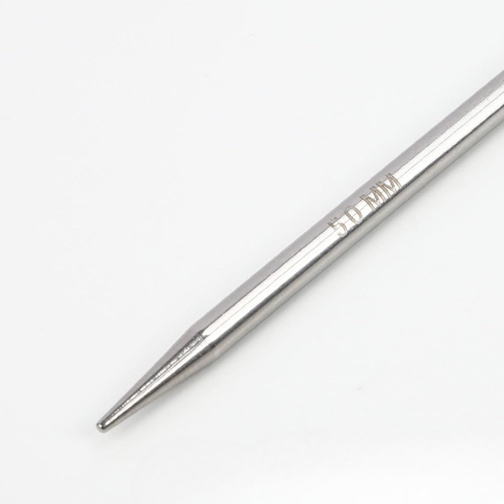 A close-up of a stainless steel knitting needle from the Stainless Steel Knitting Needle Set with a pointed tip, displaying "1.0 MM" near the top, on a plain white background.