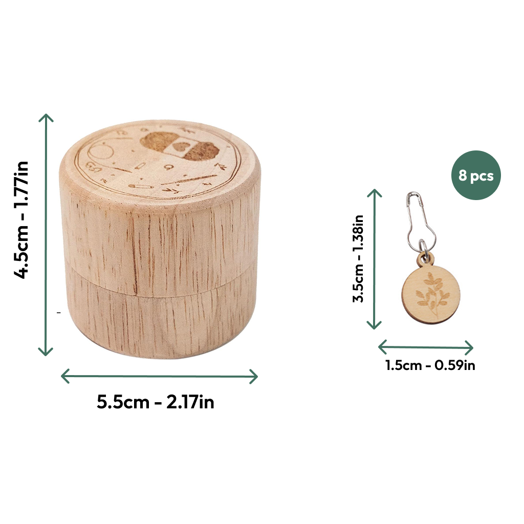 Wooden Flower Stitch Markers with Storage Box 8Pcs: Includes a round box (5.5 x 4.5cm, engraved lid) and small wooden stitch markers (flower design, 3.5 x 1.5cm). Durable construction.
