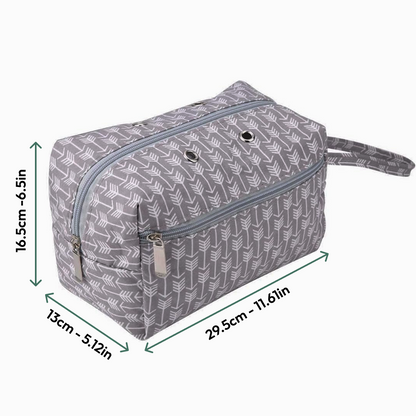 The Portable Knitting Organizer features a gray patterned design with zipper, handle, and two grommets—perfect for boosting knitting efficiency. Dimensions: 29.5 x 13 x 16.5 cm (11.6 x 5.12 x 6.5 in).