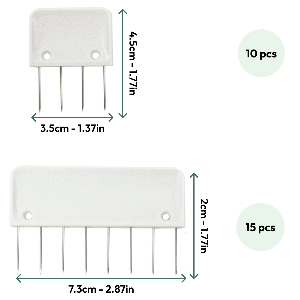 The Knit Blocking Comb Set includes durable white holders for precision blocking: small (3.5×4.5cm, 5 prongs, 10 pcs) and large (7.3×2cm, 7 prongs, 15 pcs), both shown with measurements.