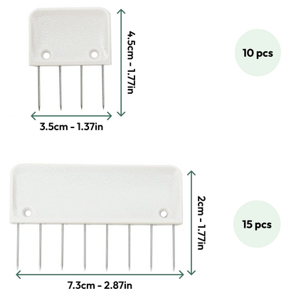 The Knit Blocking Comb Set includes durable white holders for precision blocking: small (3.5×4.5cm, 5 prongs, 10 pcs) and large (7.3×2cm, 7 prongs, 15 pcs), both shown with measurements.