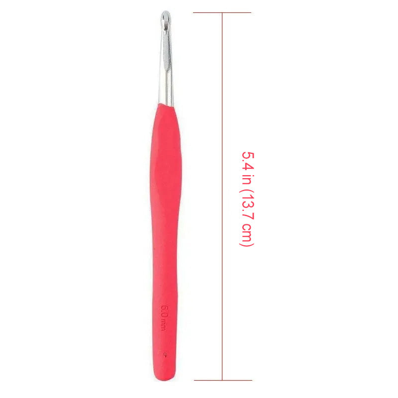 A high-quality Ergonomic Crochet Hook Set 9 Pcs featuring a 5.4-inch (13.7 cm) crochet hook with a durable aluminum hook end and an ergonomic red handle for comfortable use.