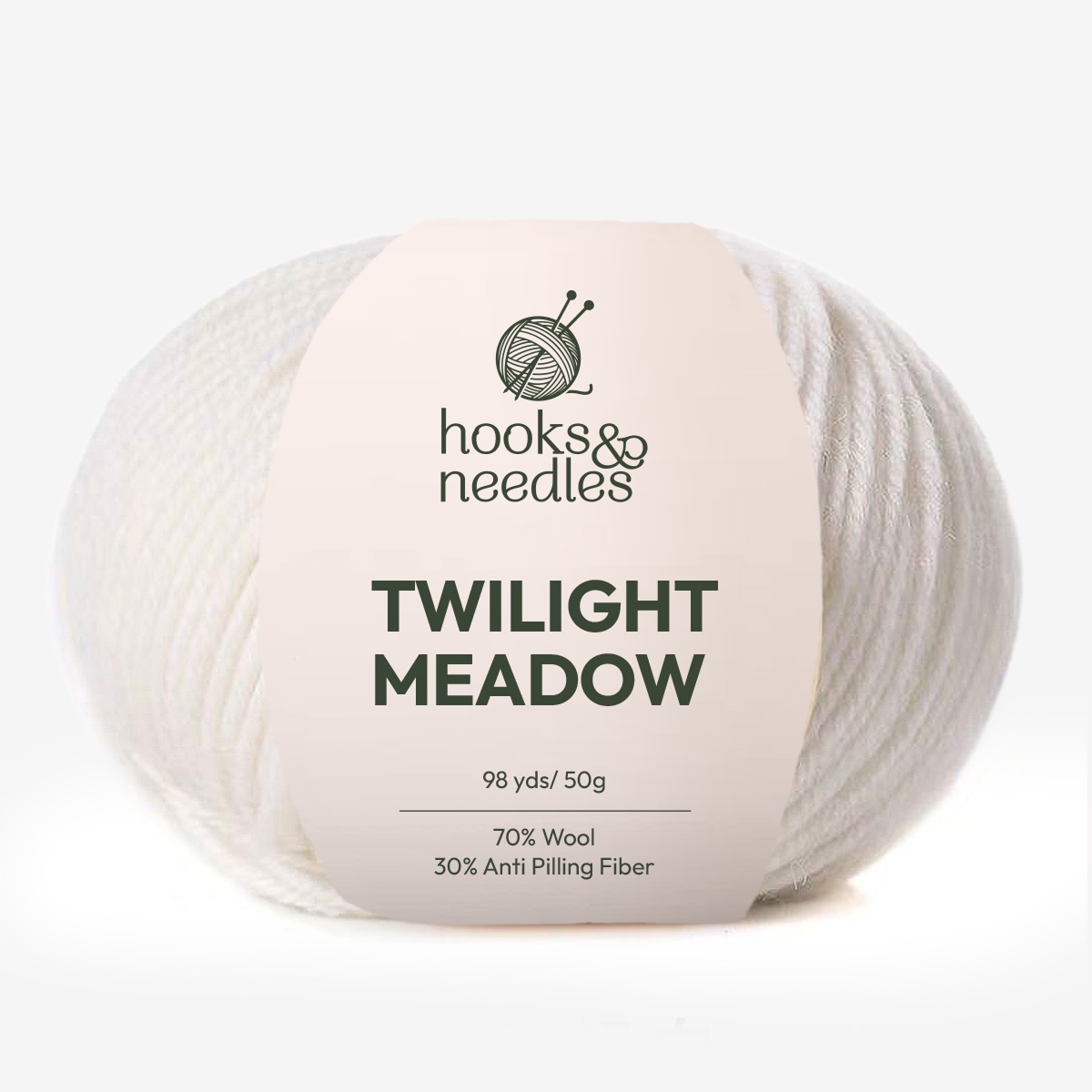 A ball of white, medium weight Twilight Meadow Yarn, 98 yds/50g, made from a 70% wool-blend and 30% anti-pilling fiber, is shown on a plain white background.