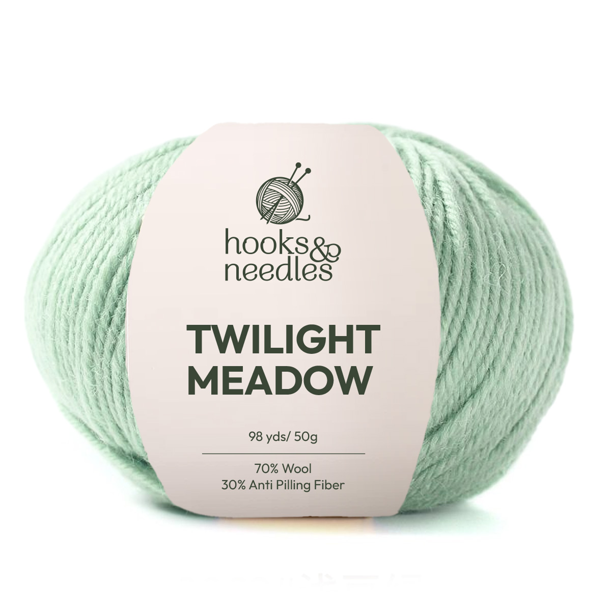 Twilight Meadow Yarn is a soft, light green wool blend (70% Wool, 30% Anti Pilling Fiber), 98 yds/50g. Medium weight and durable—ideal for cozy projects.