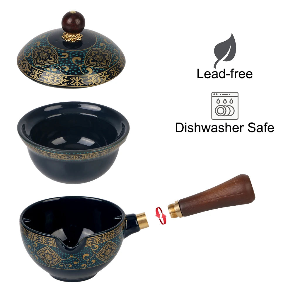 Tea Making Set with cups and travel case, featuring a blue and gold design. Icons indicate it is lead-free and dishwasher safe.