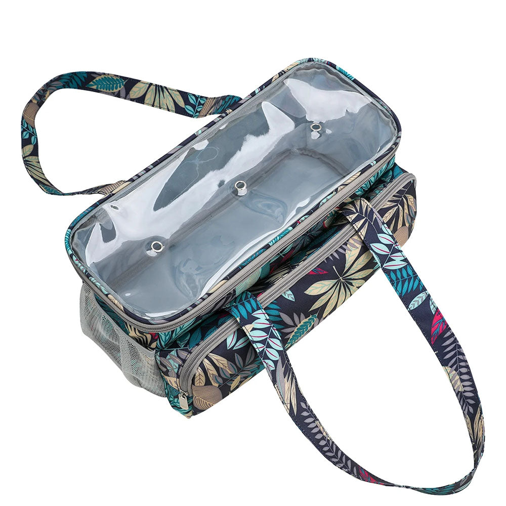 A floral-patterned Knitting Bag: Yarn Organizer with a transparent top compartment and two shoulder straps. Perfect as a crafting organizer, the bag is open, revealing multiple storage sections inside.