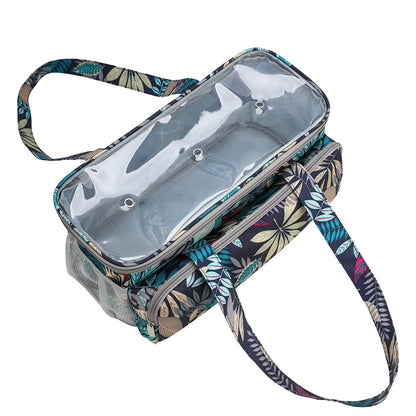 A floral-patterned Knitting Bag: Yarn Organizer with a transparent top compartment and two shoulder straps. Perfect as a crafting organizer, the bag is open, revealing multiple storage sections inside.